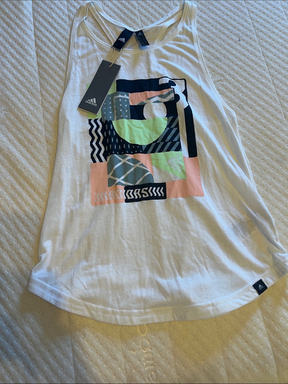 adidas White Girls' Geometric Print Tank Top with Pastel Accents